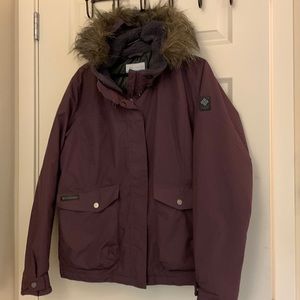 Columbia plum/eggplant color jacket with detachable faux fur hood. Size xl
